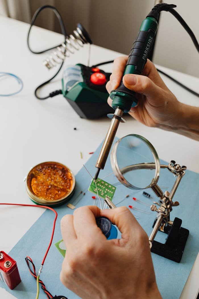 Hands delicately soldering an electronic circuit board using tools, magnifying glass.